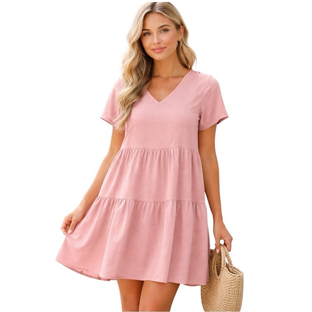 Loveimgs Women's Pink V-Neck Short Sleeve Tiered A-Line Dress S